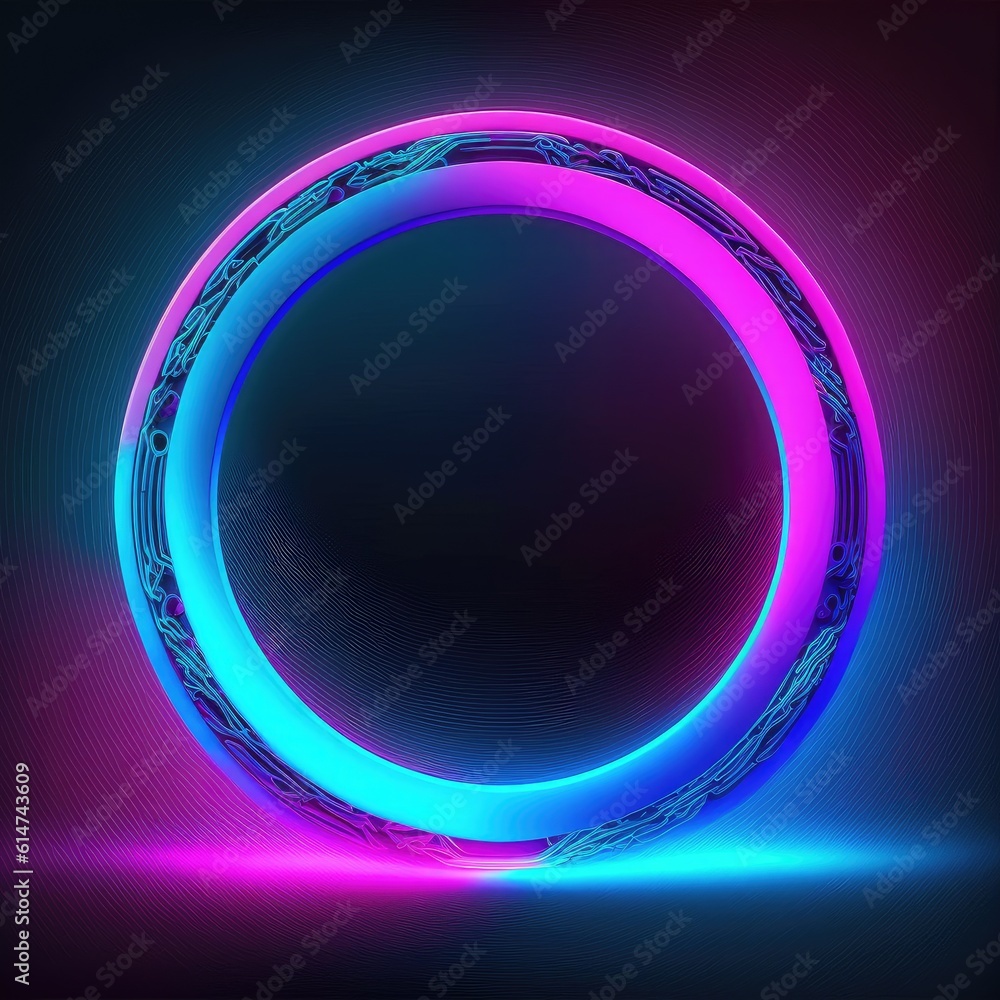 Poster overlapped lightning neon magical round effecting on black background. reflection of glowing digital