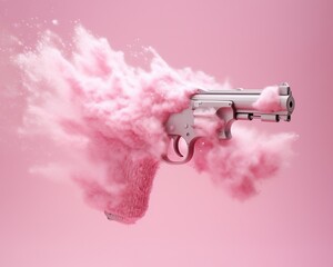 Explosive love: handgun discharging pink powder, ranged weapon with trigger and gun barrel, symbol of passionate emotion