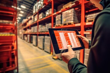 The efficiency and technology of a smart warehouse with a close - up shot of a manager using a digital tablet. Generative AI - obrazy, fototapety, plakaty