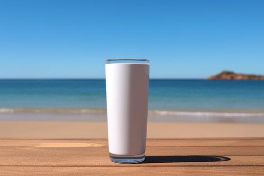 glass of water on the beach white blank skinny tumbler mockup hd wallpaper