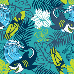 Fototapeta na wymiar Tropical summer seamless pattern.Palm leaf, surfboard and shark drawing. For textile and more