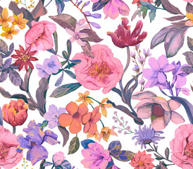 Floral seamless pattern painted in watercolor. Floral background with different flowers - 614743875