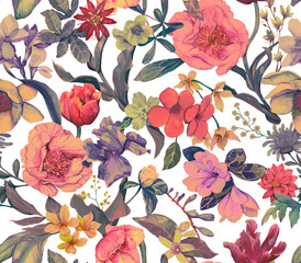 Fototapeta na wymiar Floral seamless pattern painted in watercolor. Floral background with different flowers