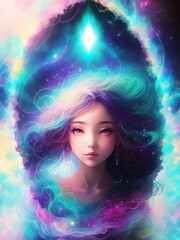 Young Woman's Aura Glows with Cosmical Spiritual Energy in Vibrant Illustration. created with generative ai