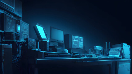 illustration of futuristic workplace concept with multiple monitors  glowing in dark technology setting at night created with generative ai