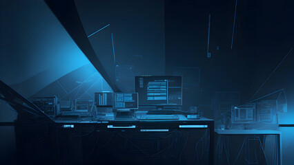 illustration of futuristic workplace concept with multiple monitors on a desk created with generative ai