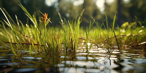 Obraz premium AI Generated. AI Generative. Photo illustration of pond sedge at lake sea river water. Plant flora blossom. Graphic Art