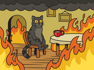 Cat in fire meme This is fine pinup pop art retro raster illustration. Comic book style imitation.