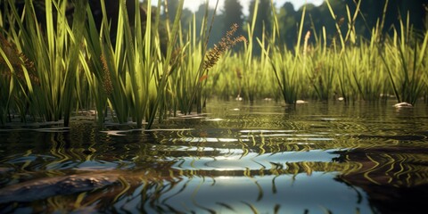 AI Generated. AI Generative. Photo illustration of pond sedge at lake sea river water. Plant flora blossom. Graphic Art - obrazy, fototapety, plakaty