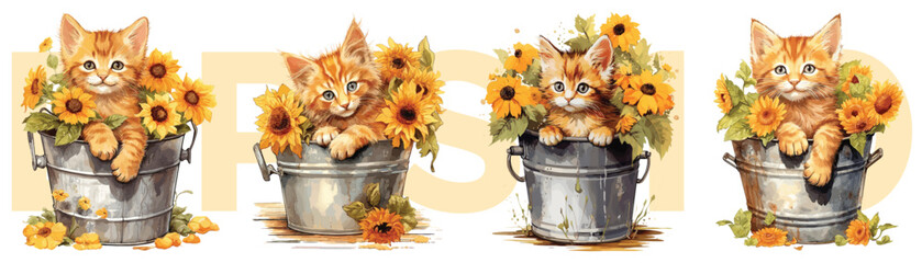 Watercolor painting style of orange kitten and flowers in water bucket, Vector Illustration © G3D Studio