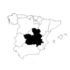 Fototapeta premium Vector map of the province of Castilla-LaMancha highlighted highlighted in black on the map of Spain.