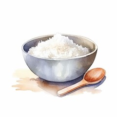 Bowl of Rice with Spoon Simple Isolated Watercolor-Style Illustration of Simple Meal, Low-Cost Dish