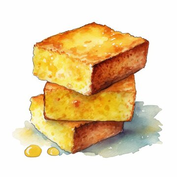Pieces of Cornbread, Stack of Homemade Corn Bread Traditional American Country Cuisine, Watercolor-Style Baked Southern Food Illustration of Simple Meal