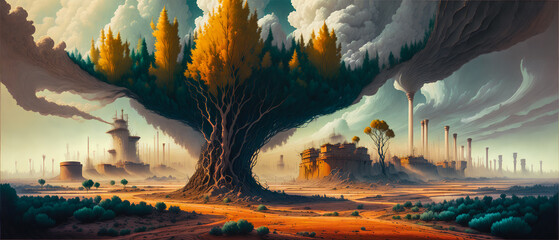 Devastated world, where industry stretches across the horizon, dominating the landscape. Generative AI.