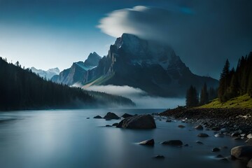 Fototapeta na wymiar lake and mountains foggy weather AI Generated 