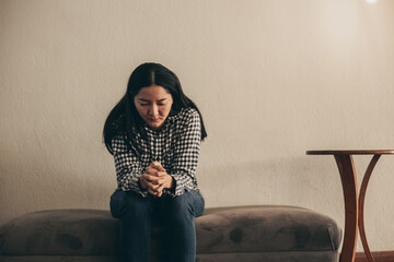 sad serious illness woman.depressed emotion panic attacks alone sick people fear stressful...