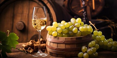 wine with grapes, Wooden case with wine bottle, barrel, wineglass and grape, generative Ai