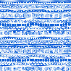 Ethnic blue and white seamless pattern. Gouache hand drawn boho repeat print. African monochrome ornament for textile, fabric, wallpaper, wrapping paper, decoration.