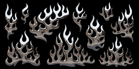 3D Y2K chromed fire shapes. Set of isolated vector elements as shiny melted metal flames in styles of chrome, silver, aluminum, platinum, steel, liquid mercury. Ideal for 2000s triball aesthetics - obrazy, fototapety, plakaty