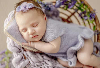 Newborn baby girl wearing knitted dress and wreath sleeping on chair decorated with purple flowers....