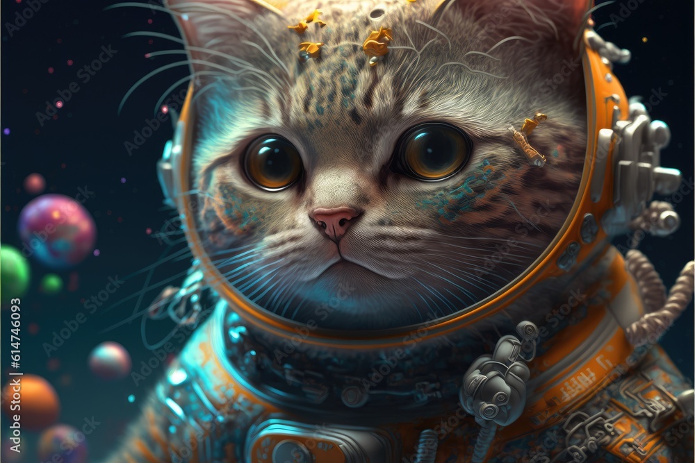 Poster astronaut cat floating in space with stars and galaxy background outer space. finest generative ai.