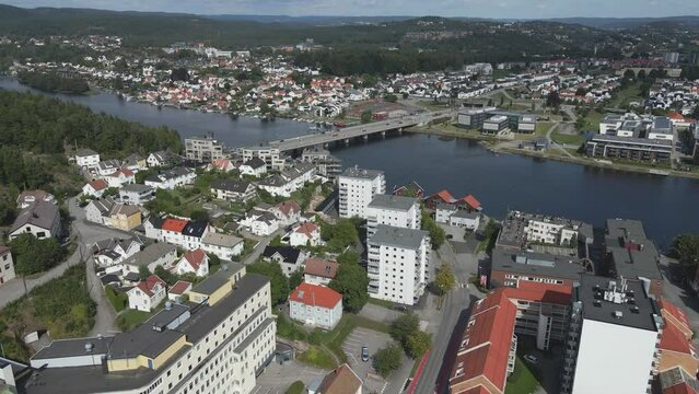 Aerial approach to the Otra River in Kristiansand Norway