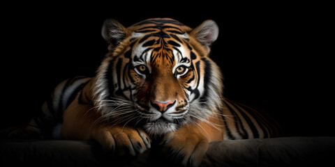 Sumatran Tiger, a tiger with a black background and a brown and white tiger's face and chest. Generative AI