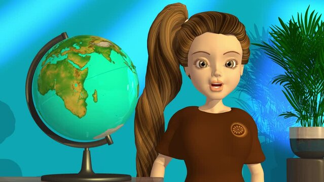 3d animation, one cartoon character speaking near a worldmap globe and a puppet walking and taking an another globe.