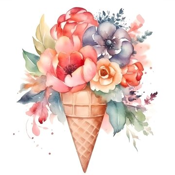 Watercolor Floral Ice Cream Cone Clipart. Generative AI