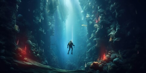 A tourist is diving in a cave with a beam of light shining down on him.
