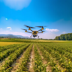 Quadcopter drone flying over green plants agriculture technology farm automation, Generative AI