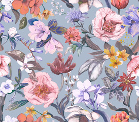 Floral seamless pattern painted in watercolor. Floral background with different flowers - 614747082
