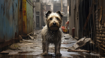 A homeless dog standing alone in an alleyway - obrazy, fototapety, plakaty