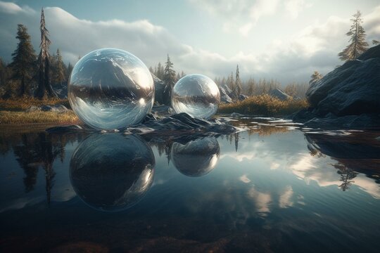 Sci-fi twin planet with water and air for life 3D illustration. Generative AI