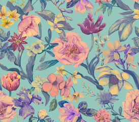 Floral seamless pattern painted in watercolor. Floral background with different flowers - 614747212