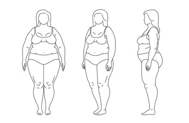 Plus size overweight woman . Full-length standing portrait in underwear. Body-positive female. Figure front, 3 of 4, side views shape. Vector outline sketch line illustration