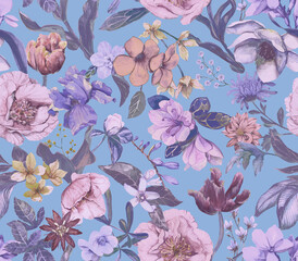 Floral seamless pattern painted in watercolor. Floral background with different flowers