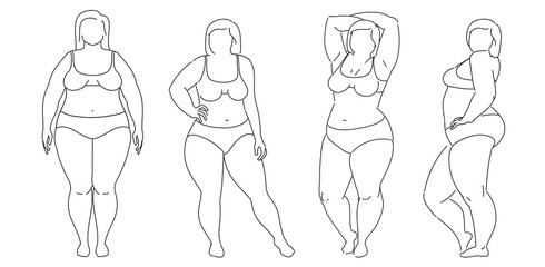 Plus-size woman. Set of Big chubby body Positive woman with fat curvy figures. Attractive Female Standing In Lingery. Vector line sketch Illustration