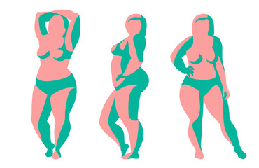 Plus-size woman. Set of Big chubby body Positive woman with fat curvy figures. Attractive Female Standing In Lingery. Vector line sketch Illustration