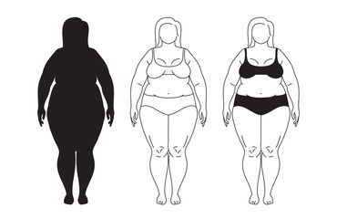 Plus-size woman. Set of Big chubby body Positive woman with fat curvy figures. Attractive Female Standing In Lingery. Vector line sketch Illustration