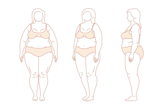 Plus size overweight woman . Full-length standing portrait in underwear. Body-positive female. Figure front, 3 of 4, side views shape. Vector outline sketch line illustration