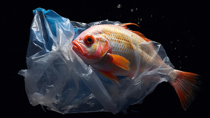 A fish caught in a plastic bag under the sea