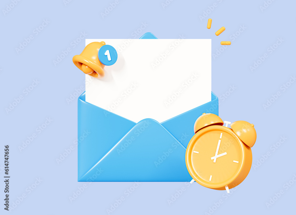 Poster 3d letter in envelope with bell notification and alarm clock. mail envelope with marker message. emp