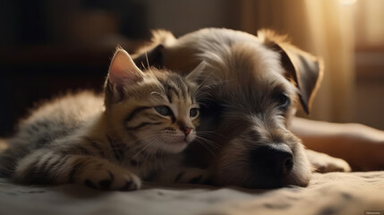 The photo depicts an adorable scene of a puppy and a kitten cuddled together, showcasing the pure innocence and sweetness of their bond. Their tiny bodies rest comfortably against each other, creating