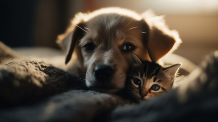 The photo depicts an adorable scene of a puppy and a kitten cuddled together, showcasing the pure innocence and sweetness of their bond. Their tiny bodies rest comfortably against each other, creating