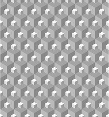 Seamless abstract geometric pattern of 3D cubes in dark shades of gray.