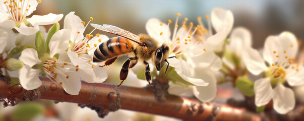 Flying honey bee collecting pollen from tree blossom. Bee in flight over spring background. generative ai