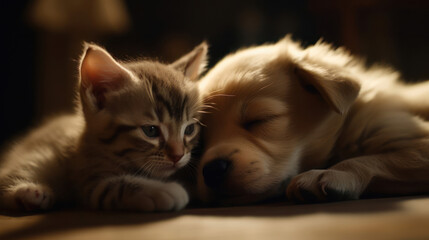 The photo depicts an adorable scene of a puppy and a kitten cuddled together, showcasing the pure innocence and sweetness of their bond. Their tiny bodies rest comfortably against each other, creating