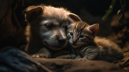 Fototapeta na wymiar The photo depicts an adorable scene of a puppy and a kitten cuddled together, showcasing the pure innocence and sweetness of their bond. Their tiny bodies rest comfortably against each other, creating