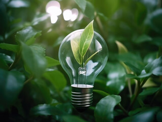 Fototapeta na wymiar lightbulb with young plant on soil and sunshine. concept saving energy in nature